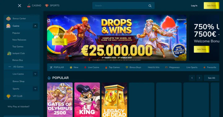 Casino-Lobby von volerbet.io: Slots auf der Startseite